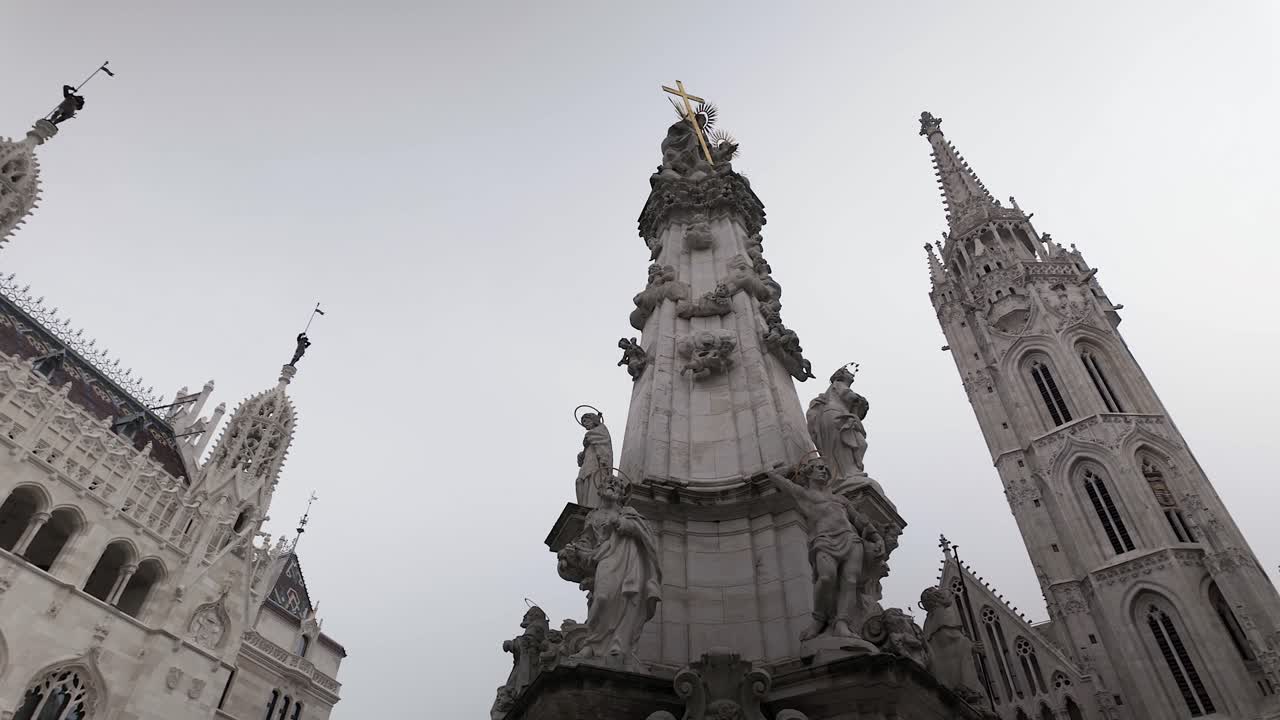 Low angle panning: Holy Trinity Statue near Matthias Church, Budapest