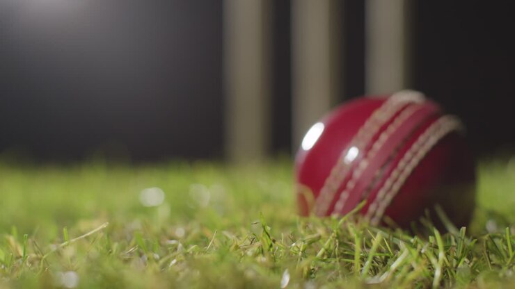 Natura morta di cricket con primo piano di una palla adagiata sull'erba davanti ai paletti.