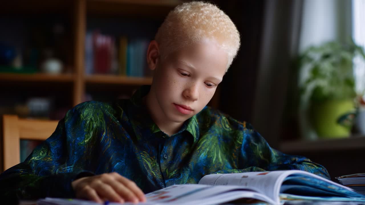 Focused Young Student Reading a Colorful Book in a Cozy Space with Natural Light Streaming Through a Window and Bookshelves in the Background