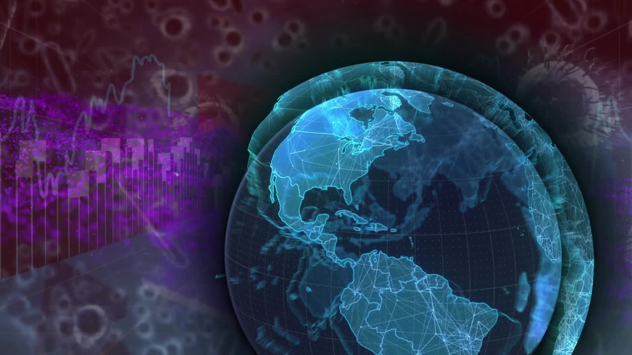 Animação de processamento de dados sobre globo terrestre e células de vírus.