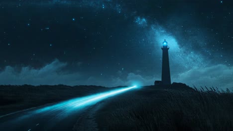 lighthouse at night under a starry sky