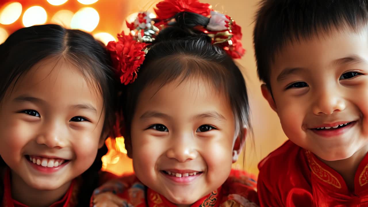 Three cheerful children, two girls and a boy, wear traditional red costumes and pose together, their joyful expressions capturing the spirit of celebration against a backdrop of festive lights