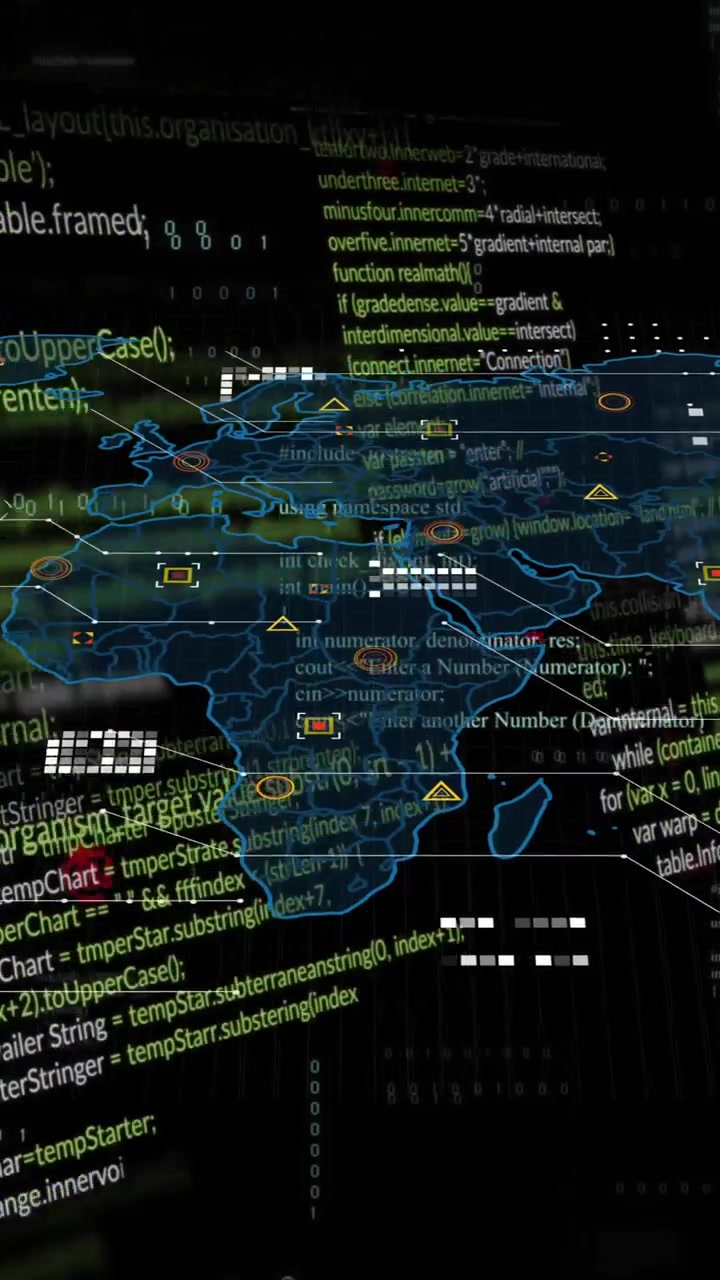 Animation of computer language, binary codes and map over black background