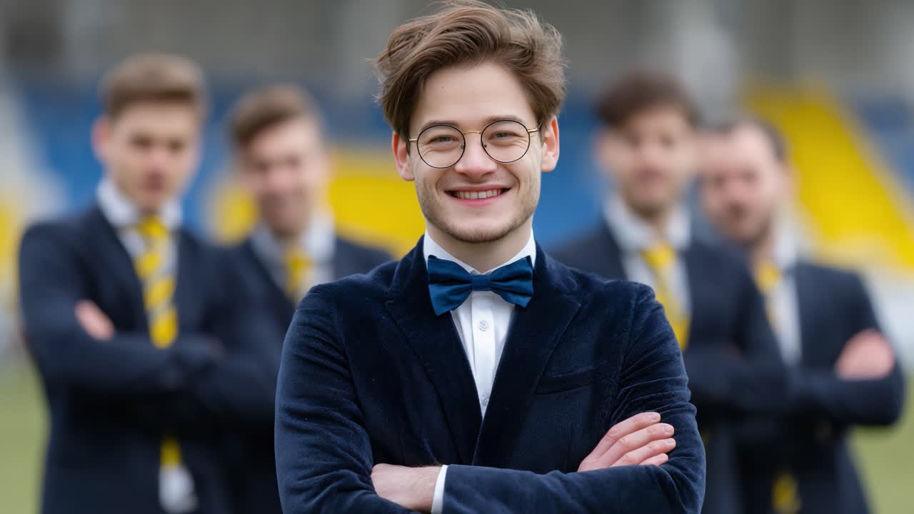 A Confident Young Man with Glasses and a Bow Tie Poses in Front of a Group of Well-Dressed Peers, Radiating Charm and Poise at an Outdoor Event