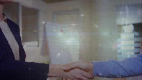 Animation-of-network-of-connections-over-mid-section-of-businessman-and-businesswoman-shaking-hands