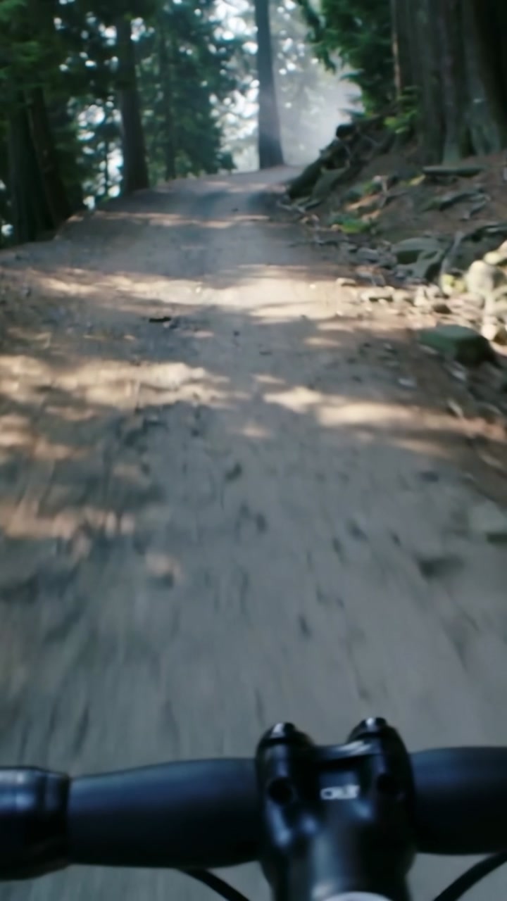 Vertical video: Cyclist pedaling gripping bars up forest trail, dodging rocks and roots toward tree