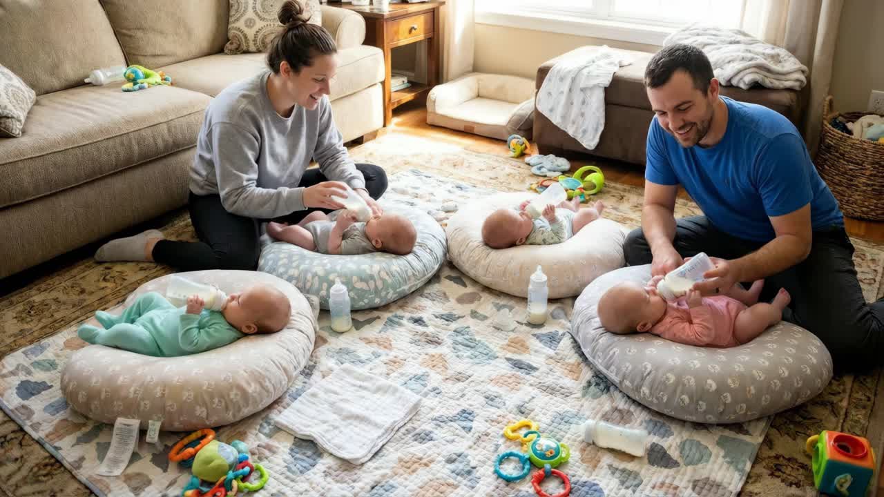 Parents Feeding Quadruplet Babies at Home
