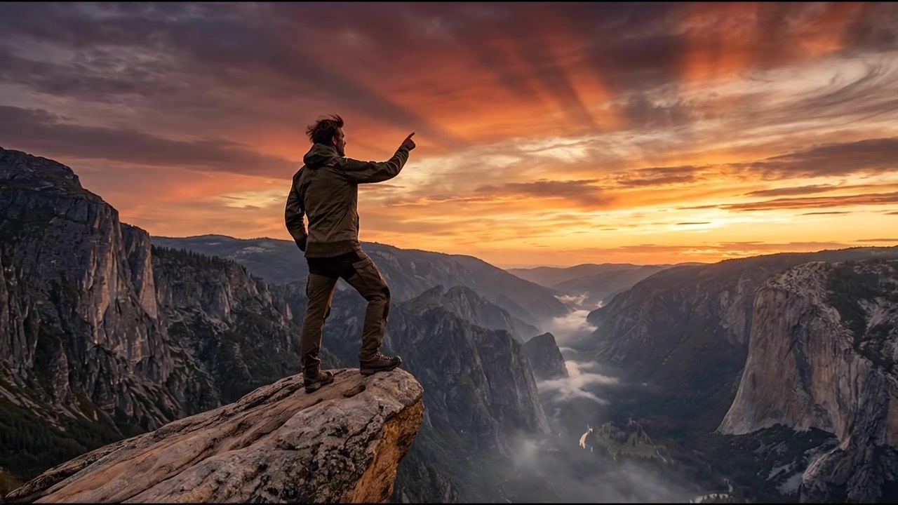Hiker Standing on Mountain Cliff Overlooking Yosemite Valley at Sunset