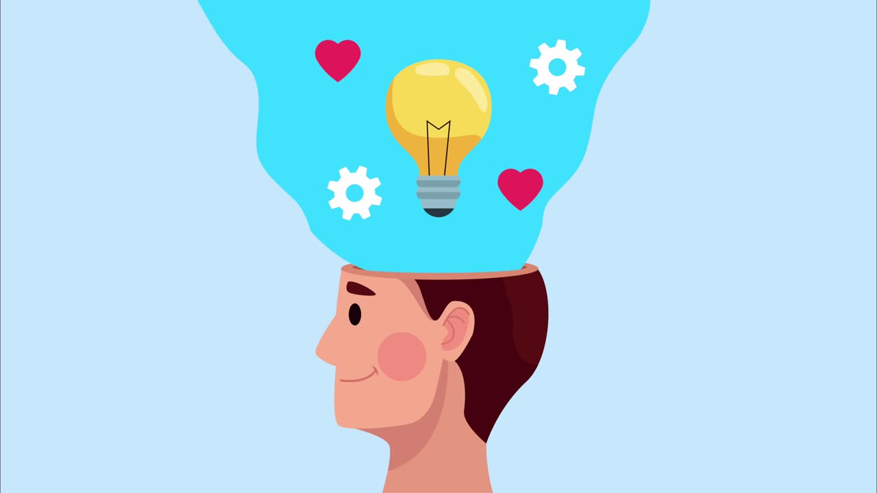 animación de salud mental con perfil humano y bulbo y corazones
