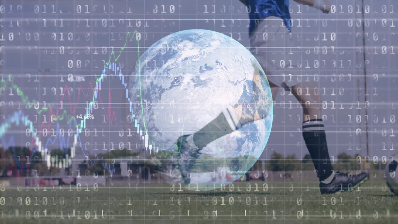Female soccer player kicking ball on grass field, blending finance graphs, binary code and globe