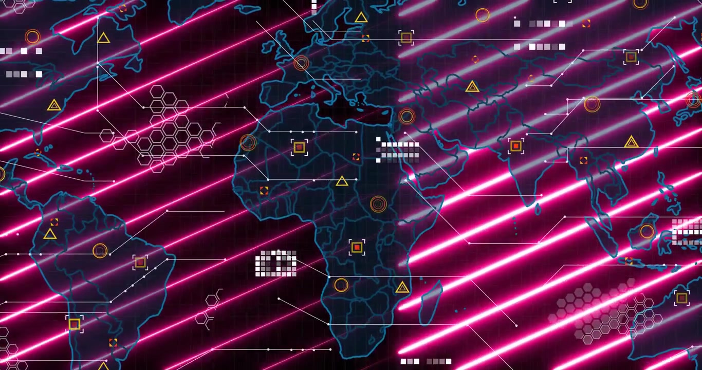 Barre al neon che si muovono in una mappa in espansione, rivelando un contorno mentre griglie di dati pulsanti visualizzano i dati