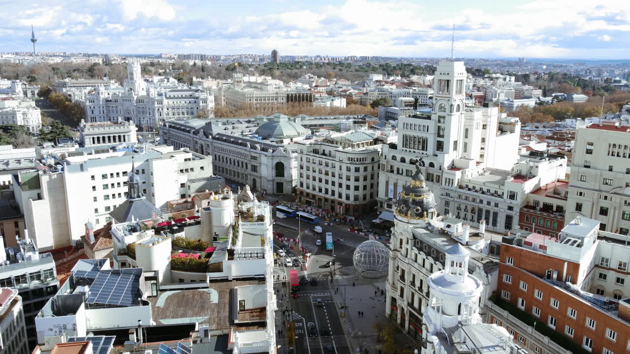 Aerial panorama of Madrid, Spain. Cityscape with Metropolis Building, Bank of Spain and Cibeles Square. Copter flying from Gran Via to Alcala street