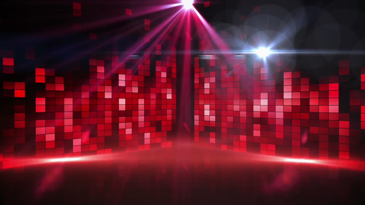 Animation of spotlights and flashing red light wall at empty dancefloor