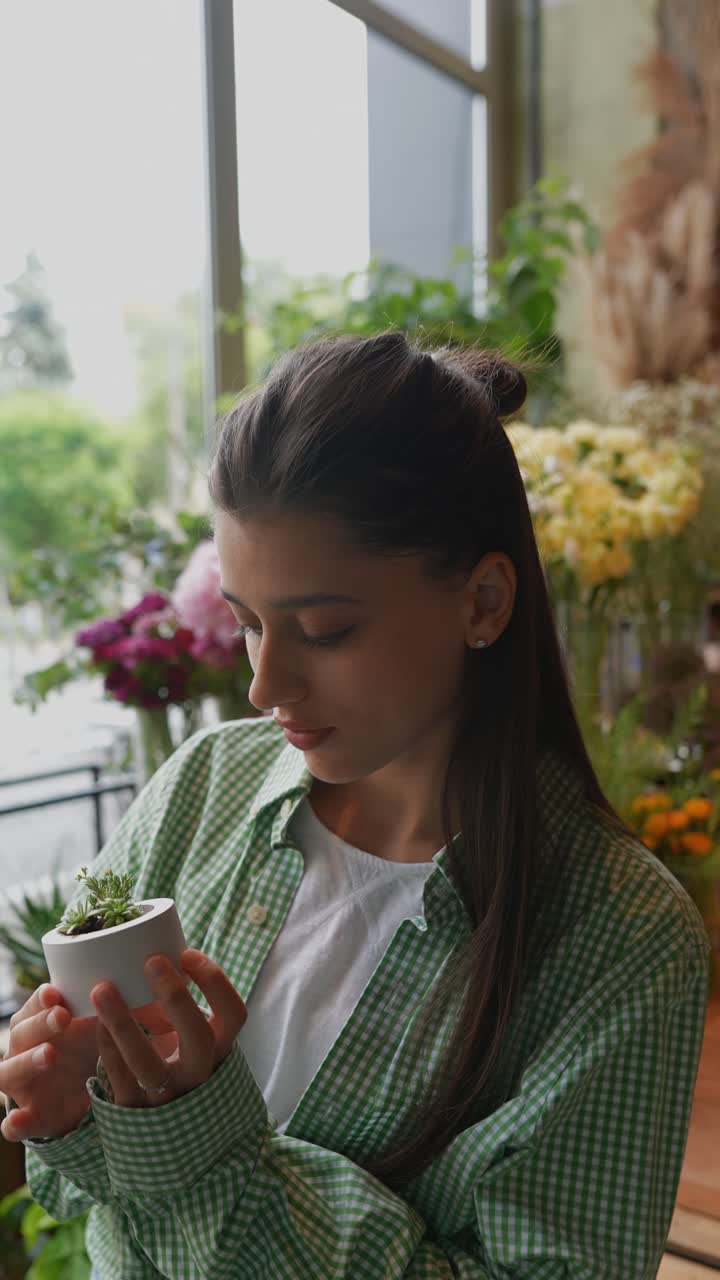 mujer examinando una pequeña planta suculenta en una tienda de flores