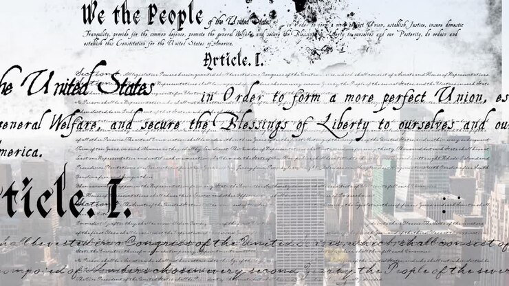 Animation of american constitution text over cityscape