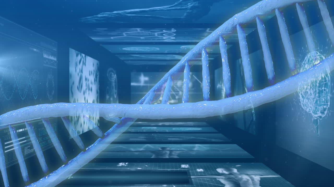 디지털 스크린을 통해 dna 스트랜드 및 과학 데이터 처리 애니메이션