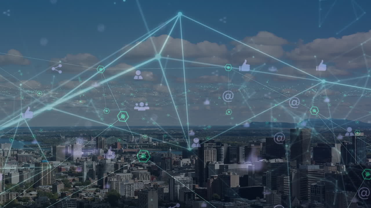 animación de la red de conexiones con iconos sobre el paisaje urbano