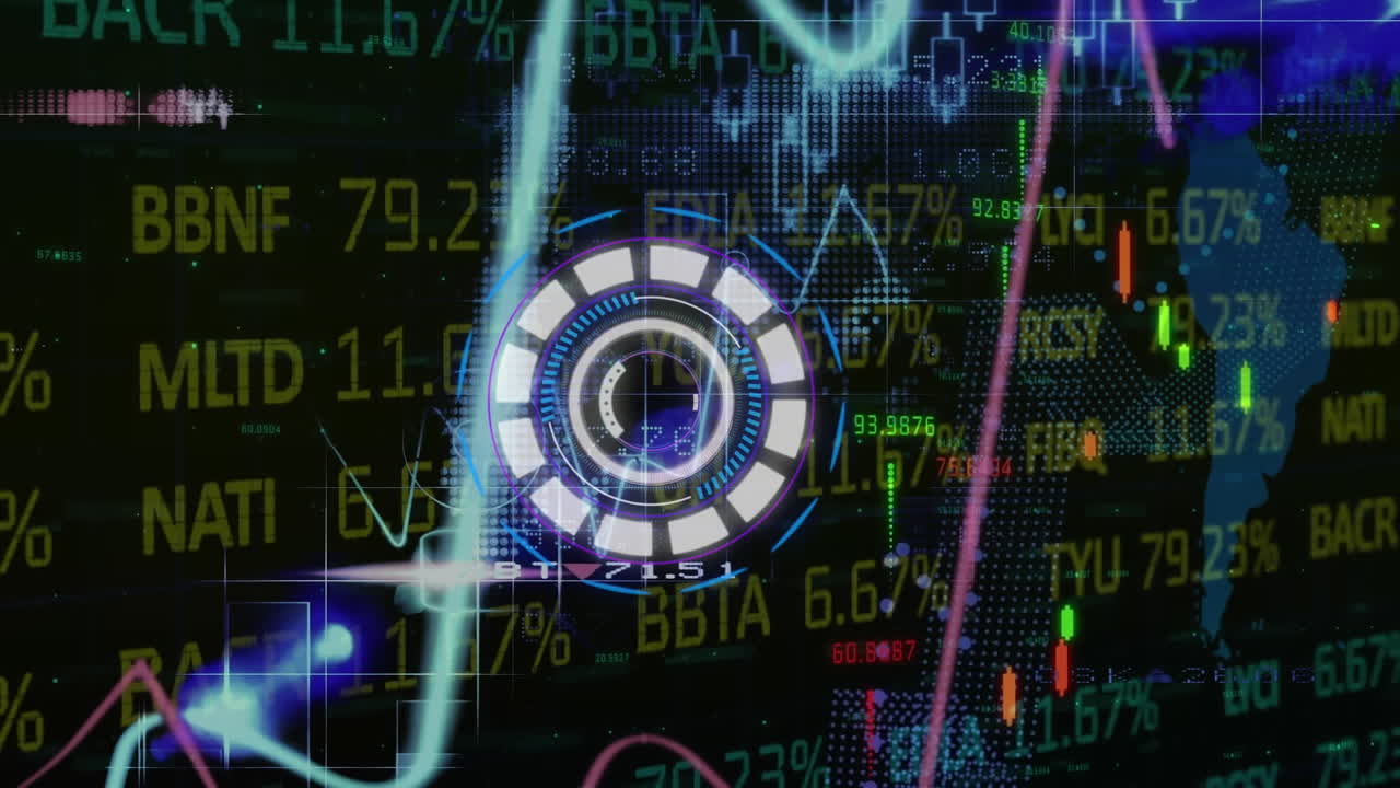 animación del escaneo del alcance, los números y el procesamiento de datos sobre fondo azul