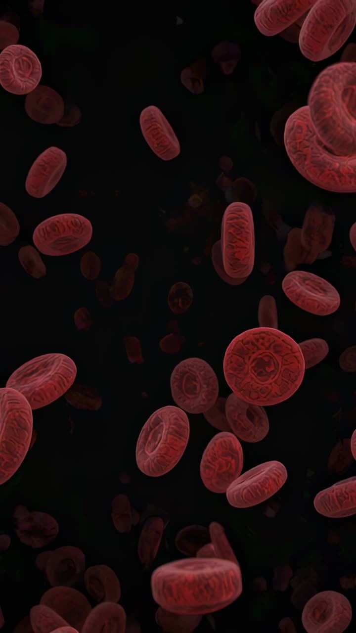 Vertical video: Red blood cells drifting and rotating in microscopic vessel, showing fluid motion