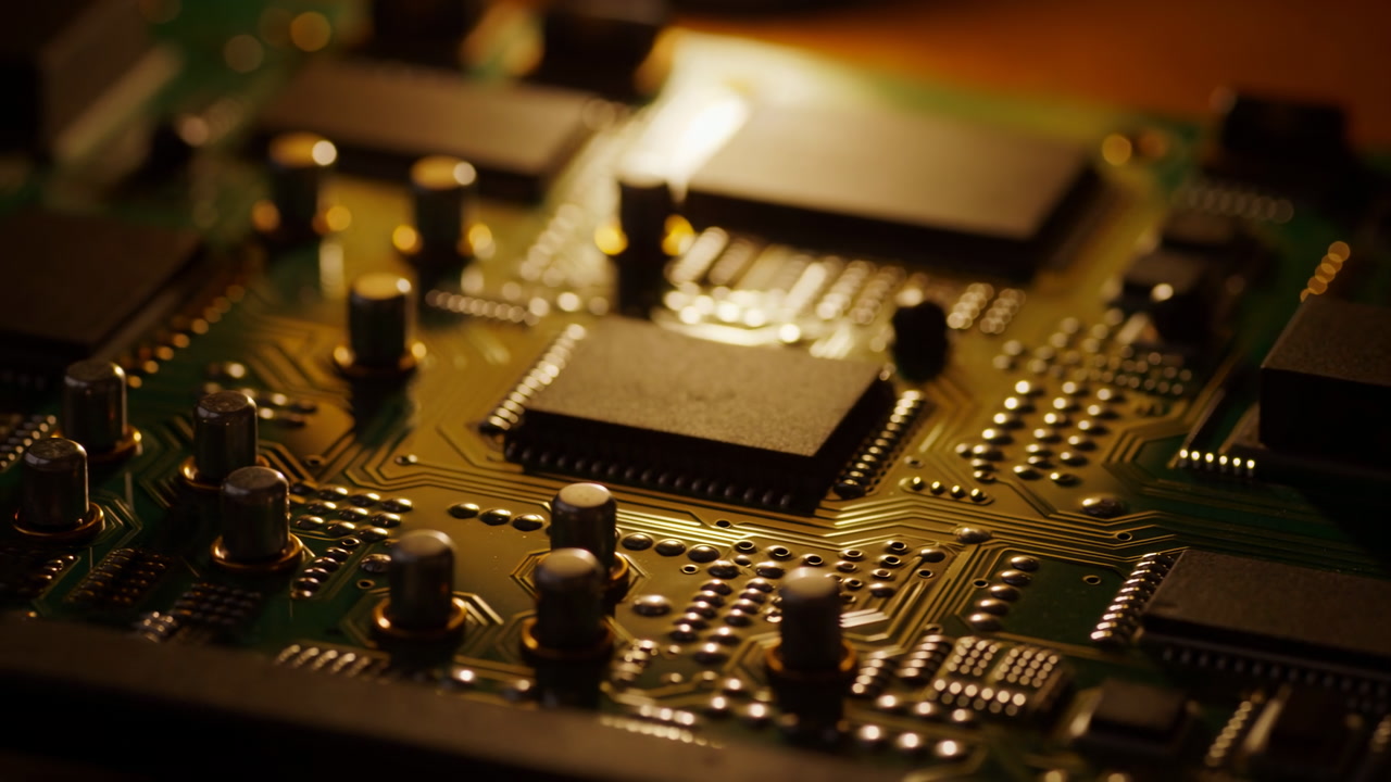 Goldenlit Microchip Closeup With Glowing Pins, Intricate Circuitry And Solder Joints, Warm Ambient Backlight