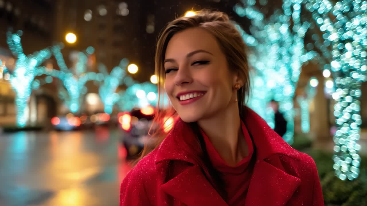 A joyful young woman in a vibrant red coat smiles brightly against a backdrop of sparkling blue lights and shimmering streets, capturing the essence of a festive evening during the holiday season