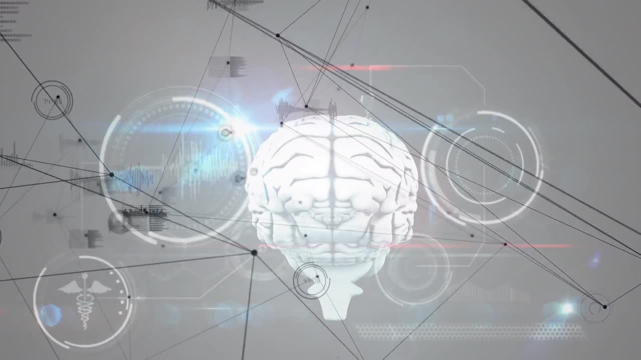 Animation of network of connections and data processing on white background