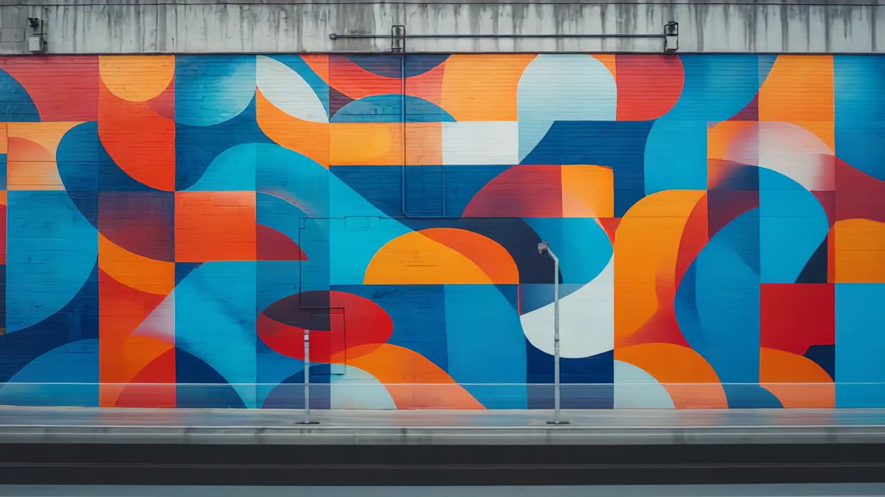 Starting camera panning slowly along city street wall, revealing mural, three poles, vehicles blur