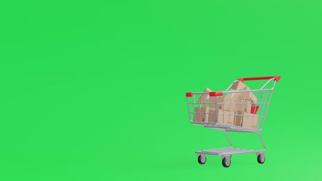 un video de animación 3d realista que muestra un carrito de compras deslizándose en la escena con una gran caída de productos apilados en concepto, venta y promoción de marketing de descuento en pantalla verde.
