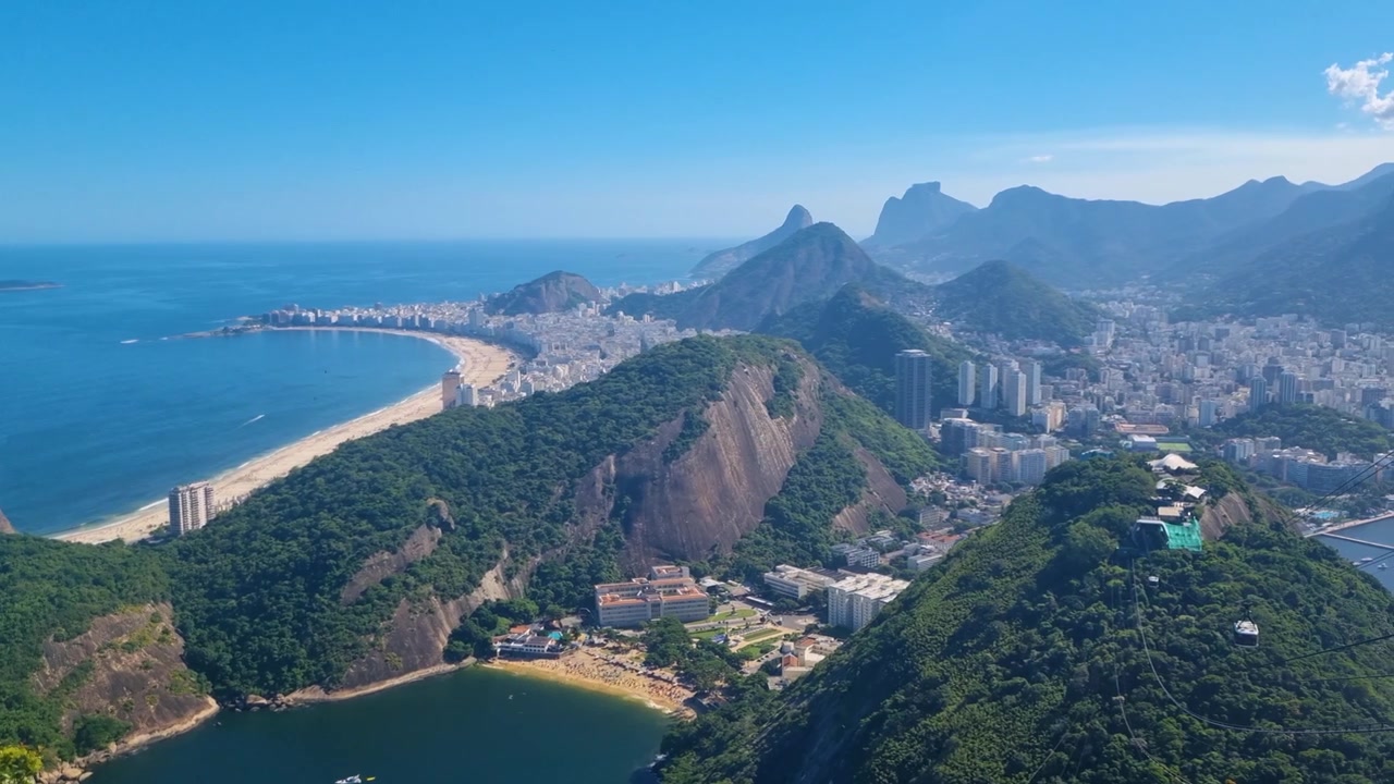 Pemandangan panorama ikonik dari Gunung Sugarloaf di atas Pantai Copacabana, Rio de Janeiro, Brasil, dengan Samudra Atlantik biru, perbukitan hijau rimbun, dan pemandangan kota yang semarak di bawah langit cerah