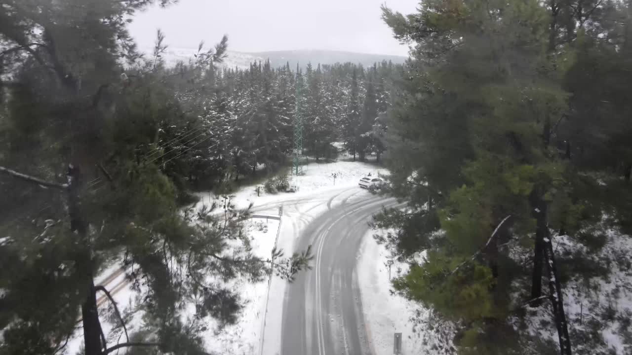 차 를 타고 있는 눈 인 숲 도로