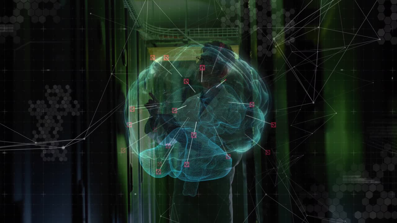 Animation of connections and digital brain over asian man in server room