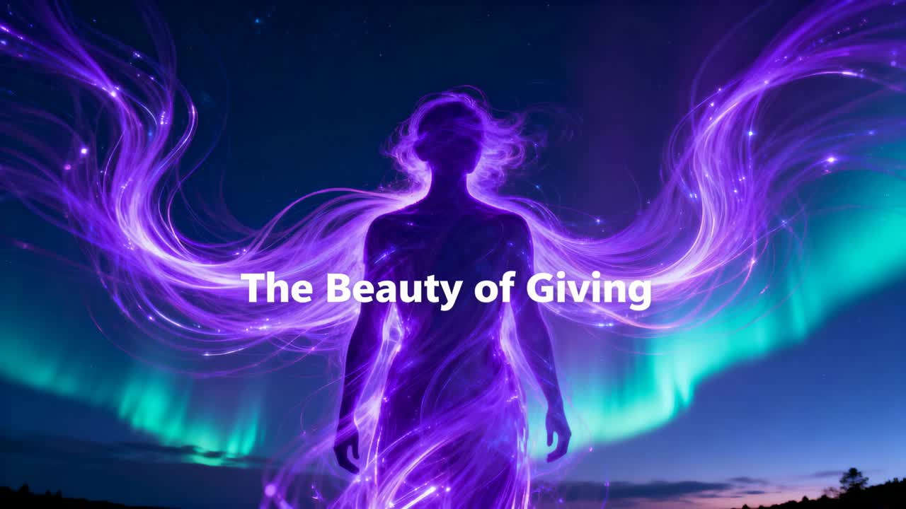 Animating purple figure pulsing and rippling wings under aurora, showing title Beauty of Giving