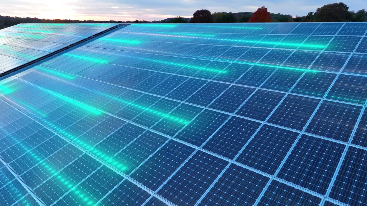 Solar panels with 3d animation of power flowing through photovoltaic cells. Aerial during sunset.