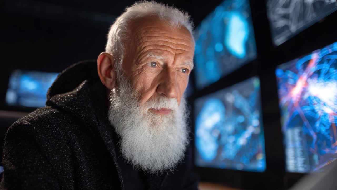 An Older Gentleman Deep in Thought, Analyzing Complex Data on Multiple Screens in a High-Tech Environment with Advanced Visuals and Insightful Expressions