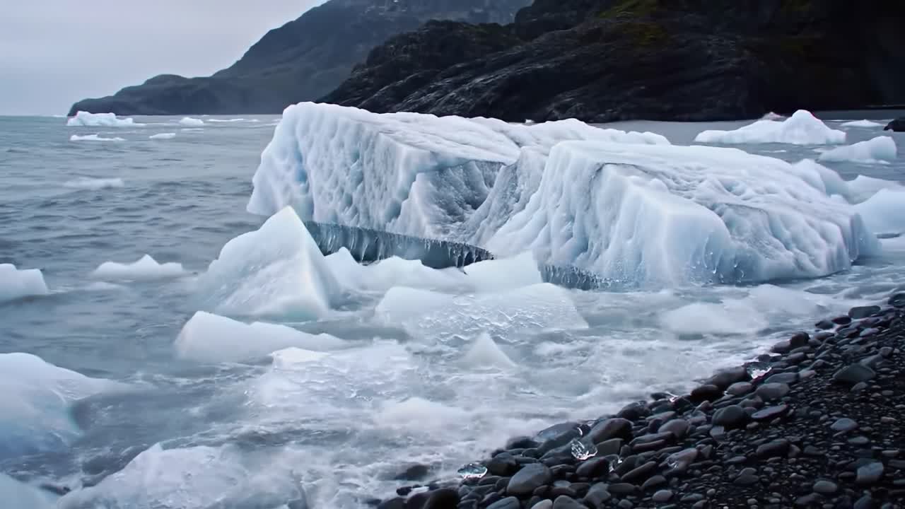 Majestic Icebergs on a Serene Shoreline: The Contrast of Solid Ice Against the Glistening Sea and Rocky Landscape Captured in Stunning Detail