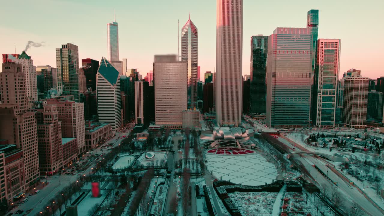 시카고에서 해가 지는 극심한 추운 날