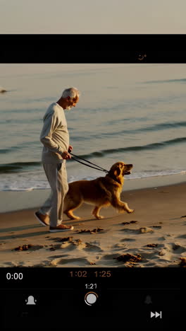 senior man walking his dog on the beach