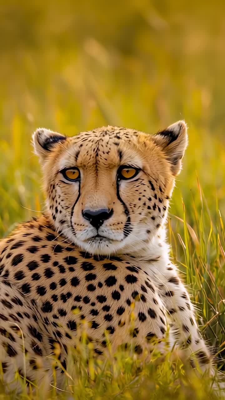 Vertical video: Hearing sound, adult cheetah shifting head and blinking in tall grass in warm light