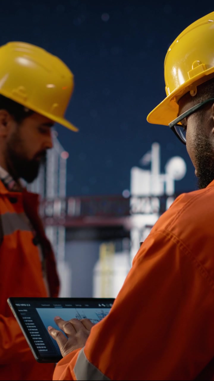 Vertical video Drilling rig engineers using tablet for anomaly detection during oil crisis