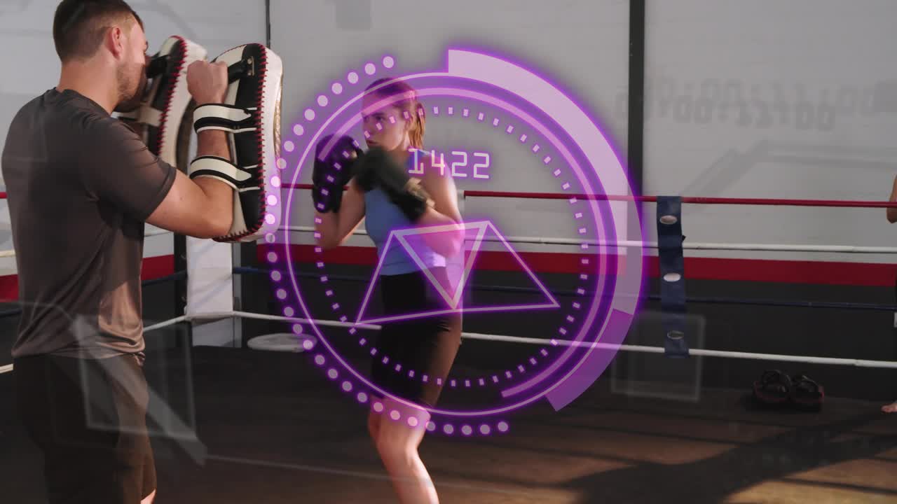 Trainer raising mitts, boxer stepping in and throwing combos, purple HUD showing metrics for boxing