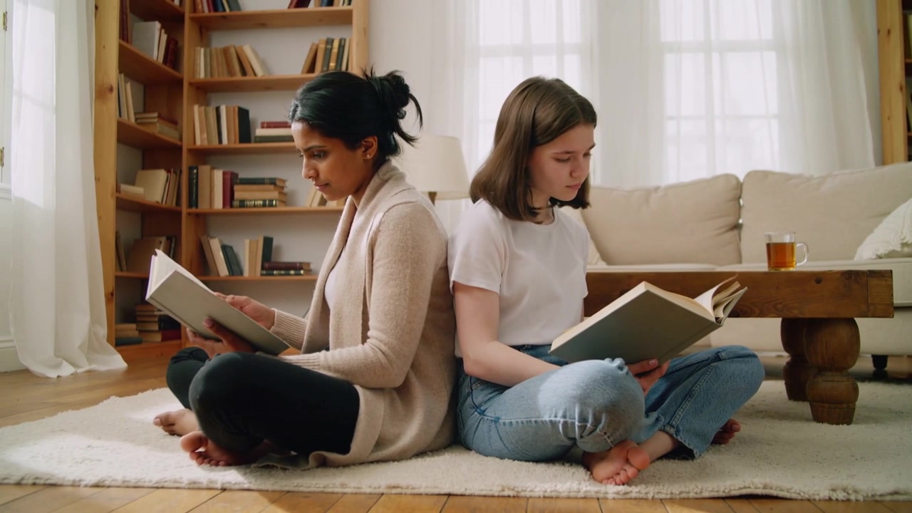 Mãe e adolescente lendo de costas um para o outro em casa, no tapete, com livros e cardigã, a luz convidando o olhar adulto à leitura.