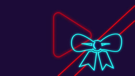 animation of neon bow and play button with red lines on dark background