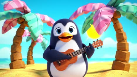 a cheerful animated penguin strums a ukulele amidst colorful palm trees on a sunny beach, exuding joy and playfulness in a vibrant tropical setting