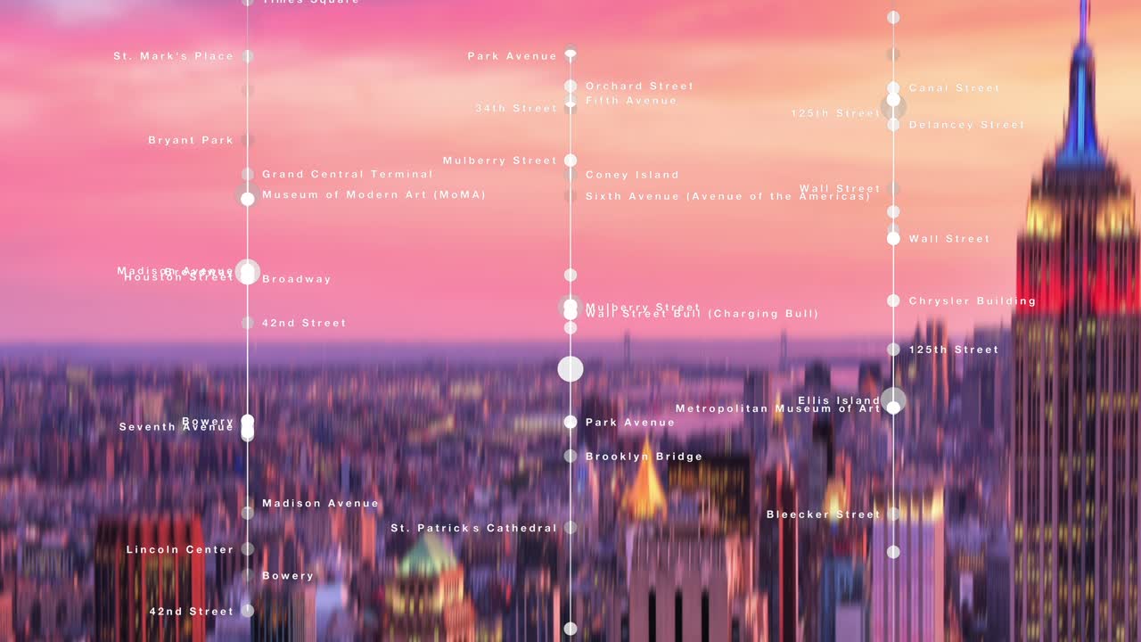 Animated map of NYC landmarks over city skyline at sunset