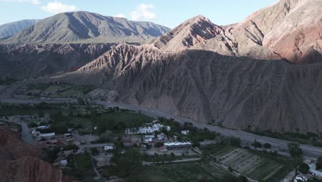 purmamarca seven color hills town aerial argentine landscape in andean mountain destination, view of routes, scenic sky, quebrada de humahuaca