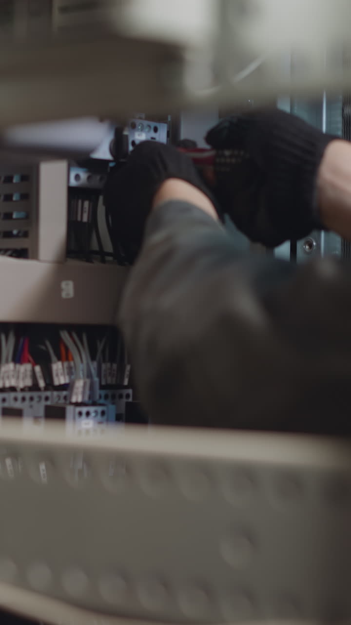 Electrician uses screwdriver to tighten nut in power distribution cabinet. Experienced worker controls operation of electrical equipment closeup