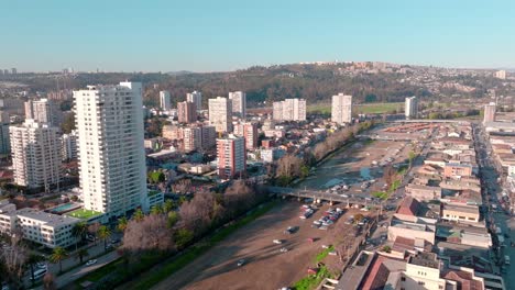 Static-aerial-view-of-the-Marga-Marga-estuary-in-ViÃ±a-del-Mar-on-a-sunny-day,-Chile