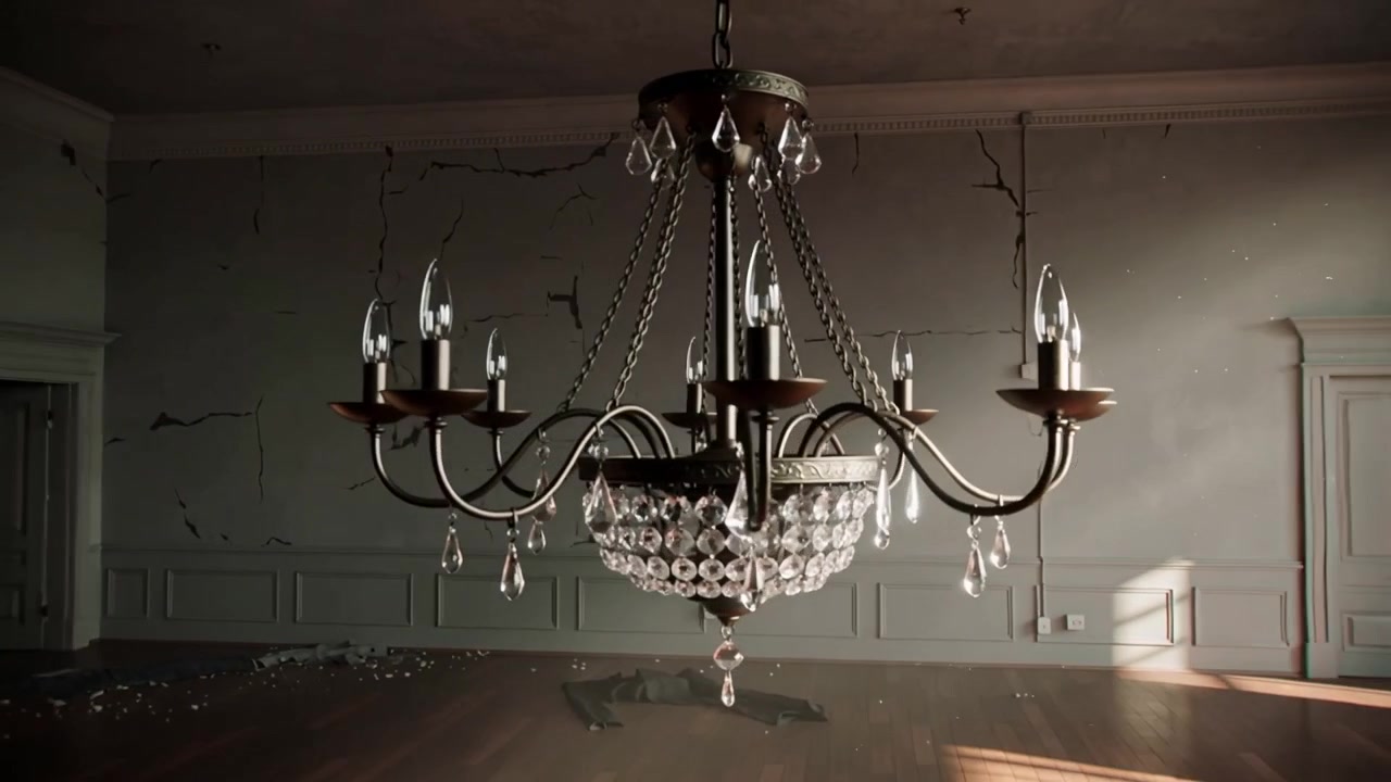 La telecamera si ritrae rivelando un lampadario ornato e centrato che oscilla in una sala formale fatiscente, illuminata dalla luce solare.