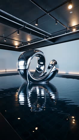 modern chrome sculpture in reflective water feature
