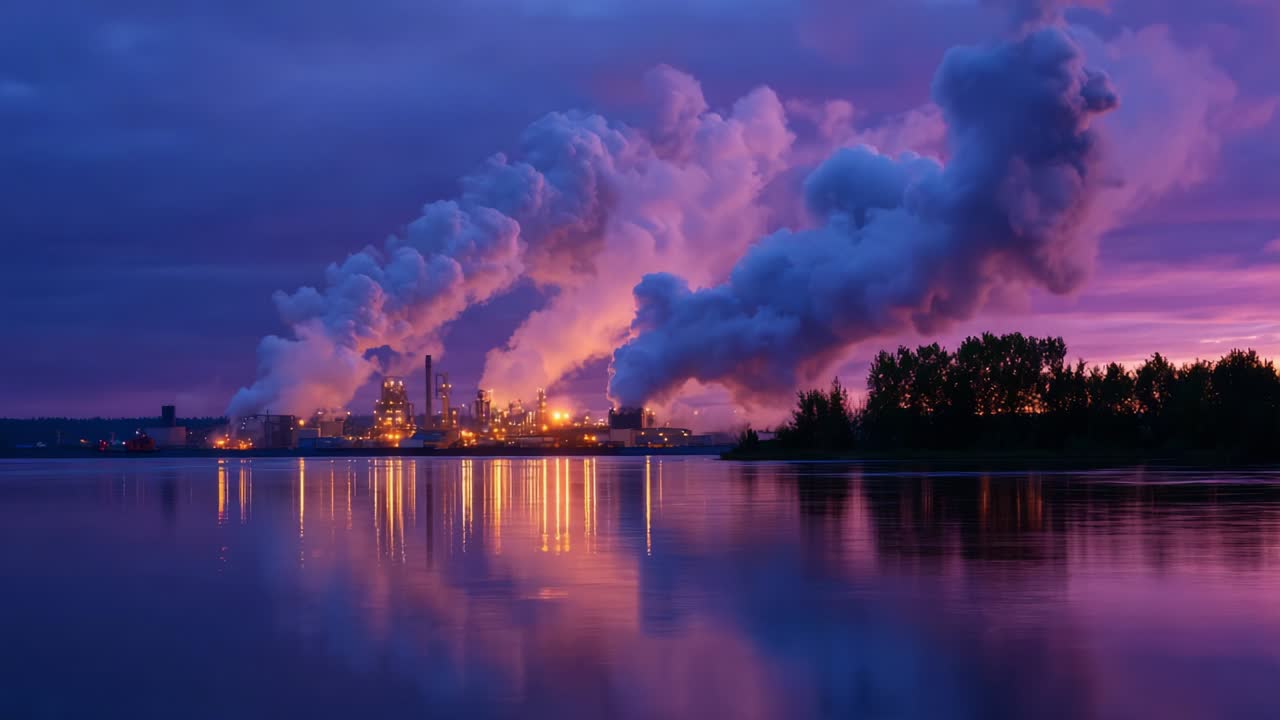 Betagende industrielt landskab i skumringen: En fantastisk fremvisning af skorstene og refleksioner på vand, der skaber en fortryllende, atmosfærisk scene med levende farver og en dramatisk himmel